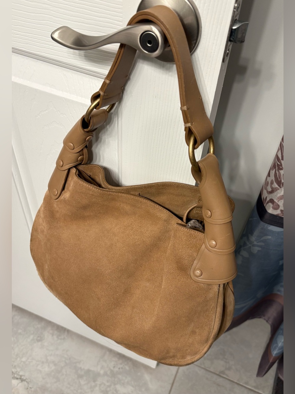 Bally Tan Suede And Leather Hobo Shoulder Bag Vintage Striped Interior